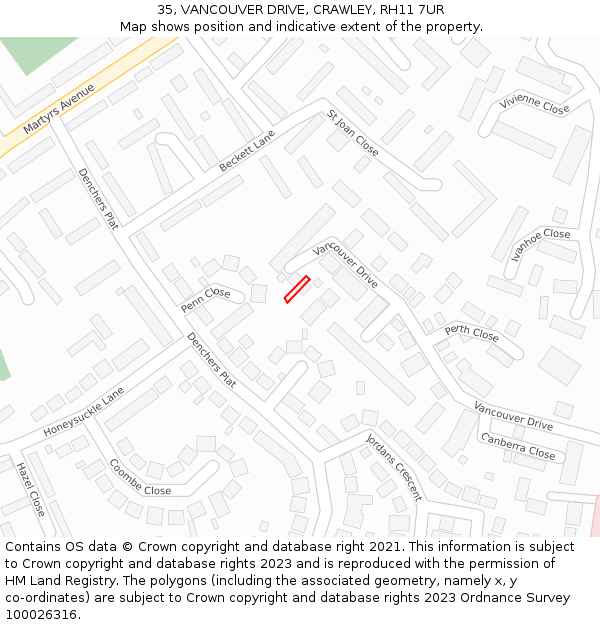 35, VANCOUVER DRIVE, CRAWLEY, RH11 7UR: Location map and indicative extent of plot