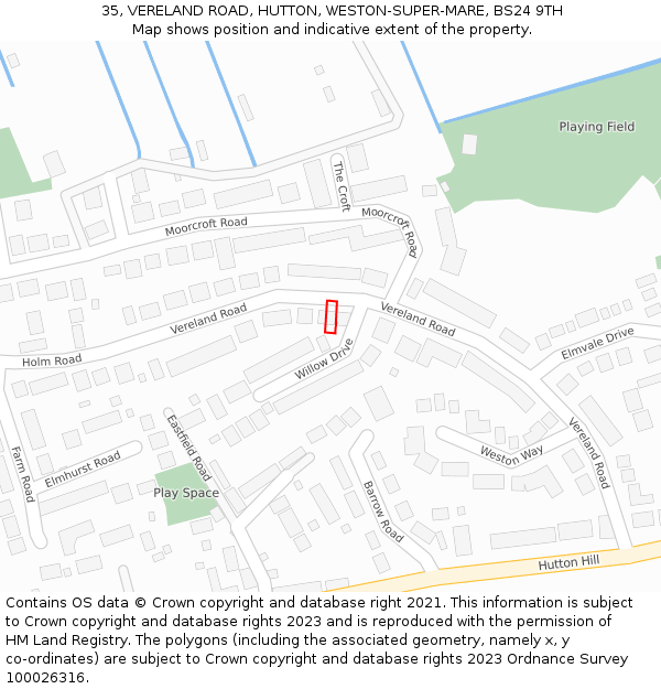 35, VERELAND ROAD, HUTTON, WESTON-SUPER-MARE, BS24 9TH: Location map and indicative extent of plot