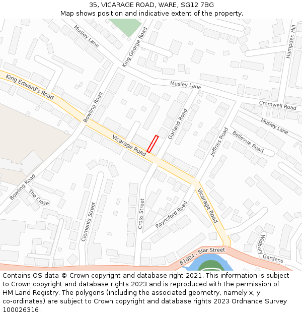 35, VICARAGE ROAD, WARE, SG12 7BG: Location map and indicative extent of plot
