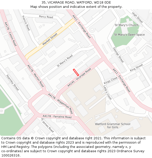 35, VICARAGE ROAD, WATFORD, WD18 0DE: Location map and indicative extent of plot
