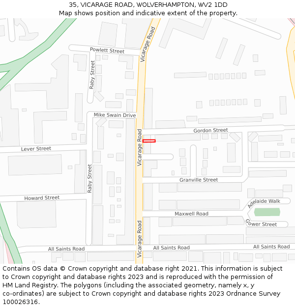35, VICARAGE ROAD, WOLVERHAMPTON, WV2 1DD: Location map and indicative extent of plot