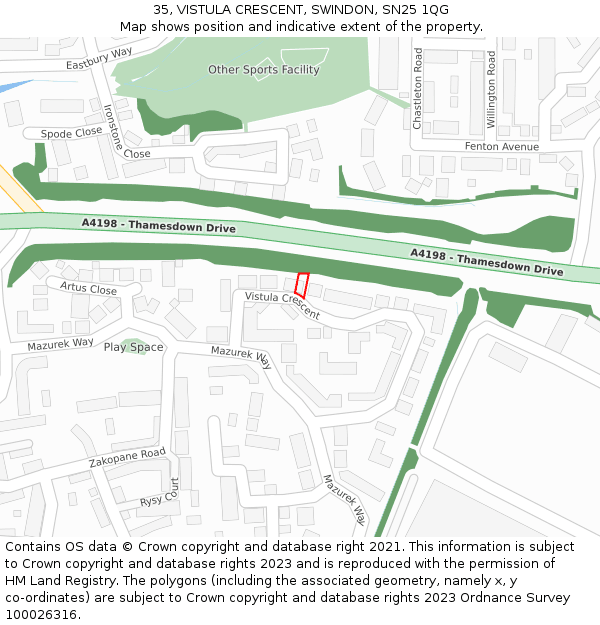 35, VISTULA CRESCENT, SWINDON, SN25 1QG: Location map and indicative extent of plot