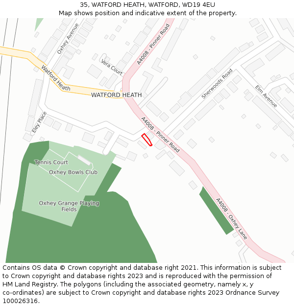 35, WATFORD HEATH, WATFORD, WD19 4EU: Location map and indicative extent of plot