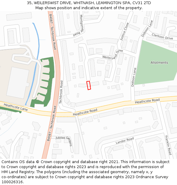35, WEILERSWIST DRIVE, WHITNASH, LEAMINGTON SPA, CV31 2TD: Location map and indicative extent of plot