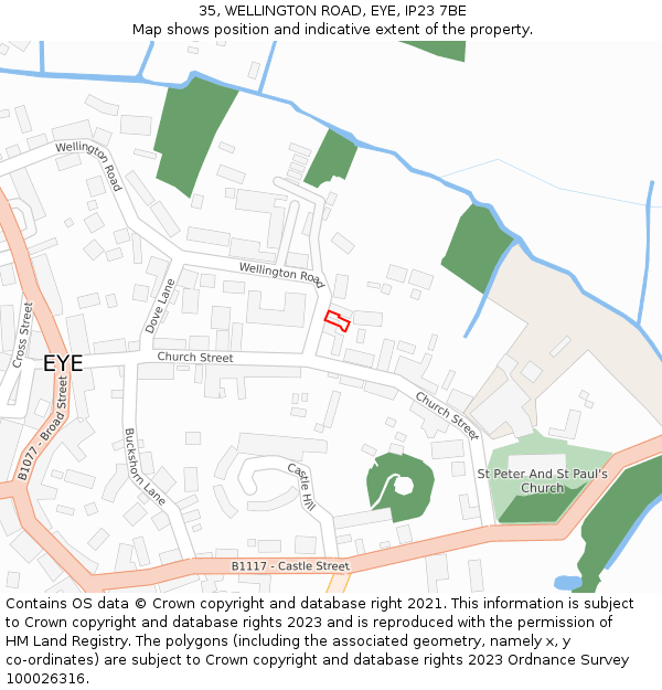 35, WELLINGTON ROAD, EYE, IP23 7BE: Location map and indicative extent of plot