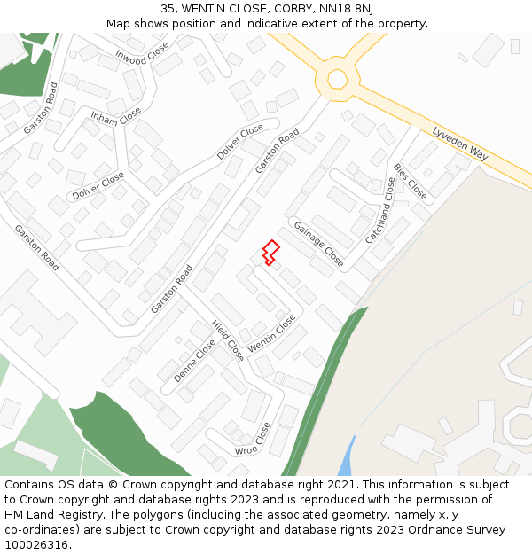 35, WENTIN CLOSE, CORBY, NN18 8NJ: Location map and indicative extent of plot
