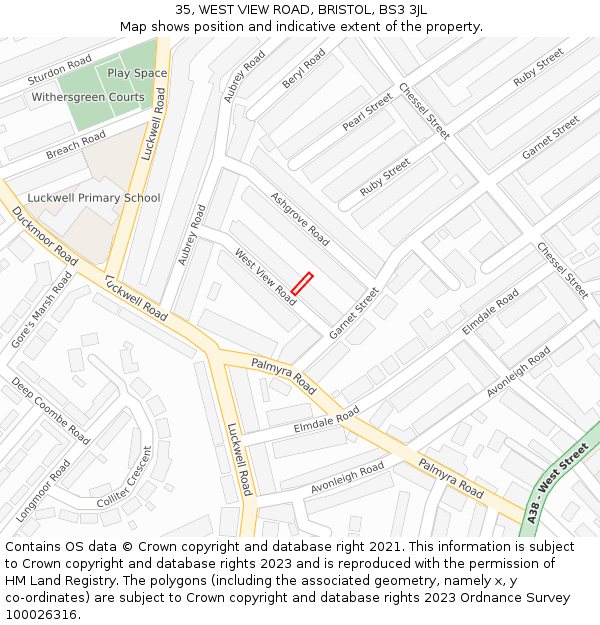 35, WEST VIEW ROAD, BRISTOL, BS3 3JL: Location map and indicative extent of plot