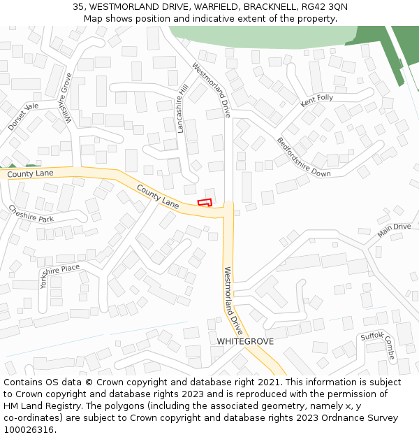 35, WESTMORLAND DRIVE, WARFIELD, BRACKNELL, RG42 3QN: Location map and indicative extent of plot