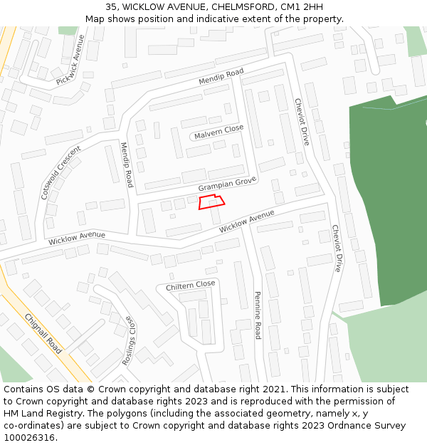 35, WICKLOW AVENUE, CHELMSFORD, CM1 2HH: Location map and indicative extent of plot