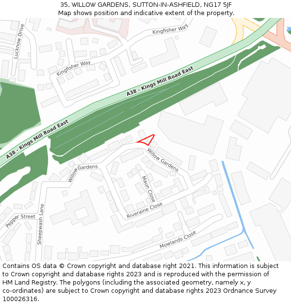 35, WILLOW GARDENS, SUTTON-IN-ASHFIELD, NG17 5JF: Location map and indicative extent of plot