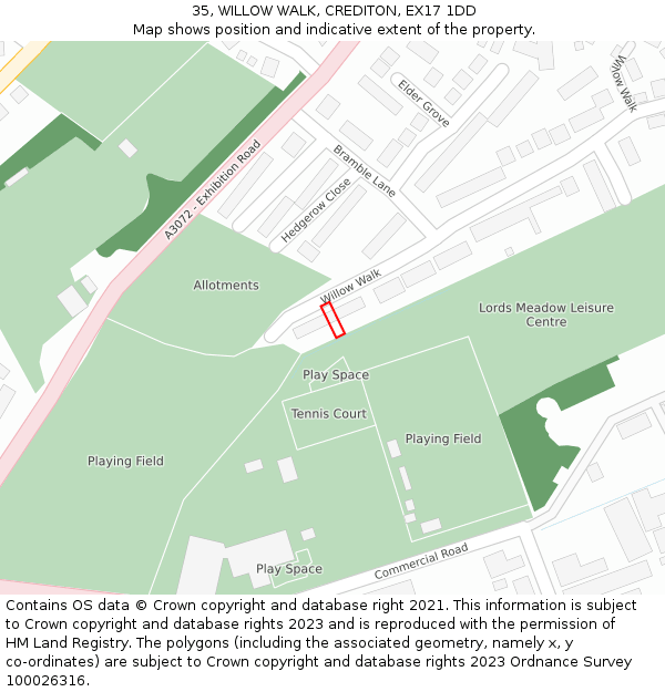 35, WILLOW WALK, CREDITON, EX17 1DD: Location map and indicative extent of plot