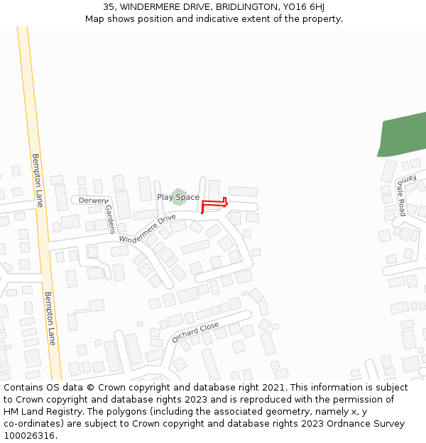 35, WINDERMERE DRIVE, BRIDLINGTON, YO16 6HJ: Location map and indicative extent of plot