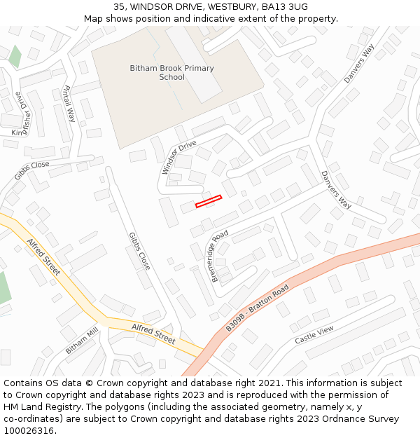 35, WINDSOR DRIVE, WESTBURY, BA13 3UG: Location map and indicative extent of plot