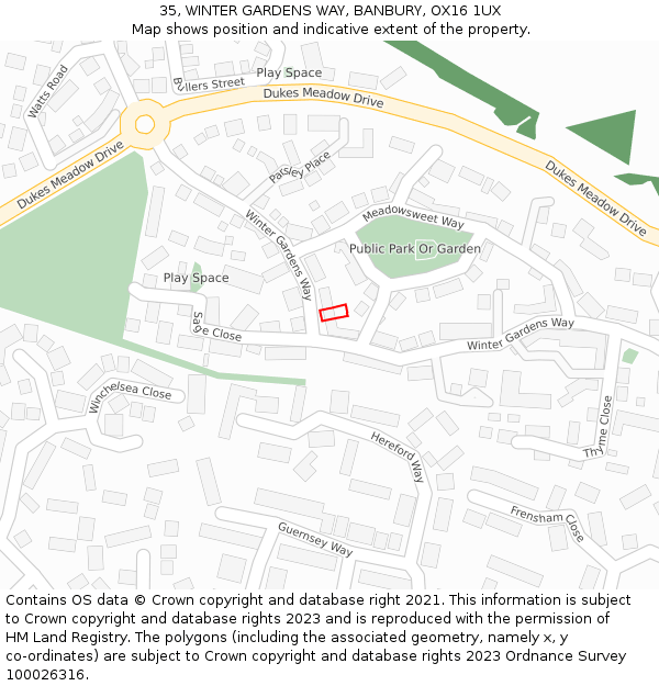 35, WINTER GARDENS WAY, BANBURY, OX16 1UX: Location map and indicative extent of plot