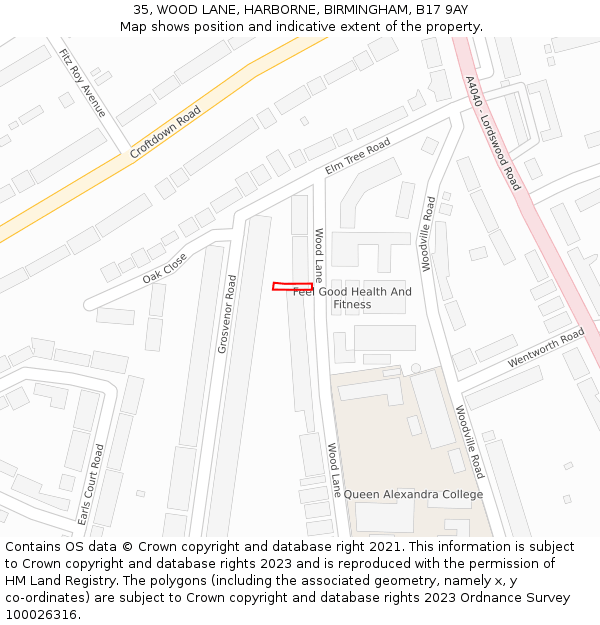 35, WOOD LANE, HARBORNE, BIRMINGHAM, B17 9AY: Location map and indicative extent of plot