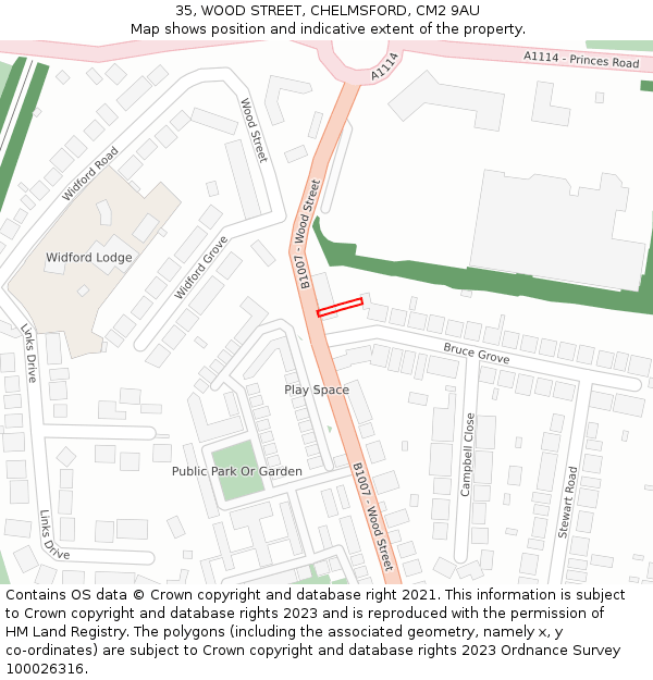 35, WOOD STREET, CHELMSFORD, CM2 9AU: Location map and indicative extent of plot