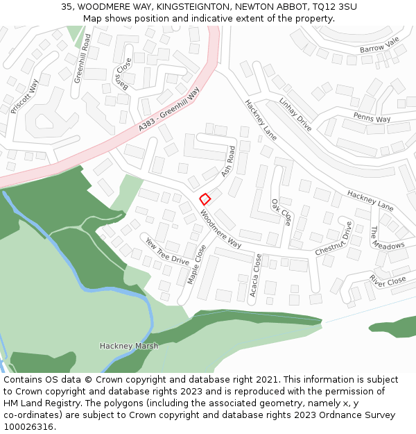 35, WOODMERE WAY, KINGSTEIGNTON, NEWTON ABBOT, TQ12 3SU: Location map and indicative extent of plot