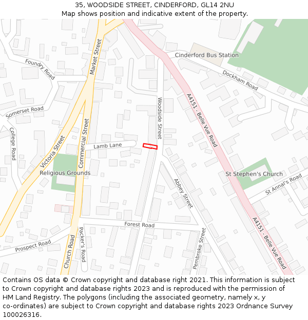 35, WOODSIDE STREET, CINDERFORD, GL14 2NU: Location map and indicative extent of plot