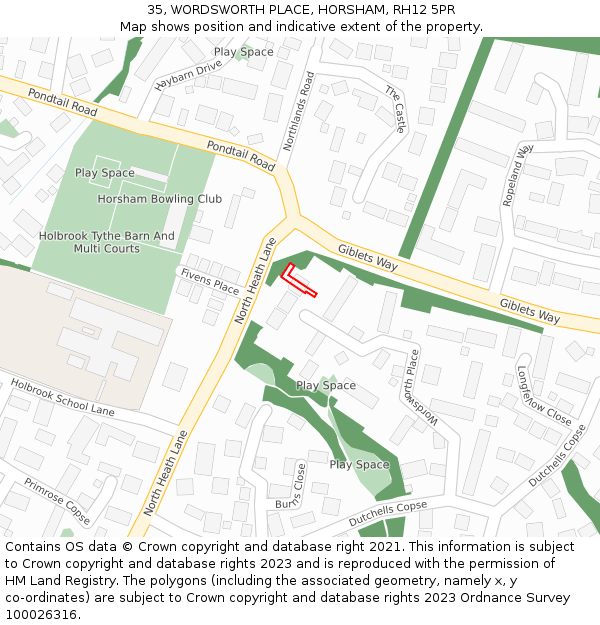 35, WORDSWORTH PLACE, HORSHAM, RH12 5PR: Location map and indicative extent of plot