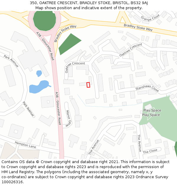 350, OAKTREE CRESCENT, BRADLEY STOKE, BRISTOL, BS32 9AJ: Location map and indicative extent of plot