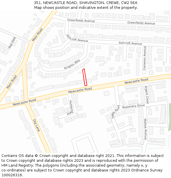 351, NEWCASTLE ROAD, SHAVINGTON, CREWE, CW2 5EA: Location map and indicative extent of plot