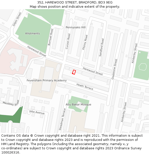 352, HAREWOOD STREET, BRADFORD, BD3 9EG: Location map and indicative extent of plot
