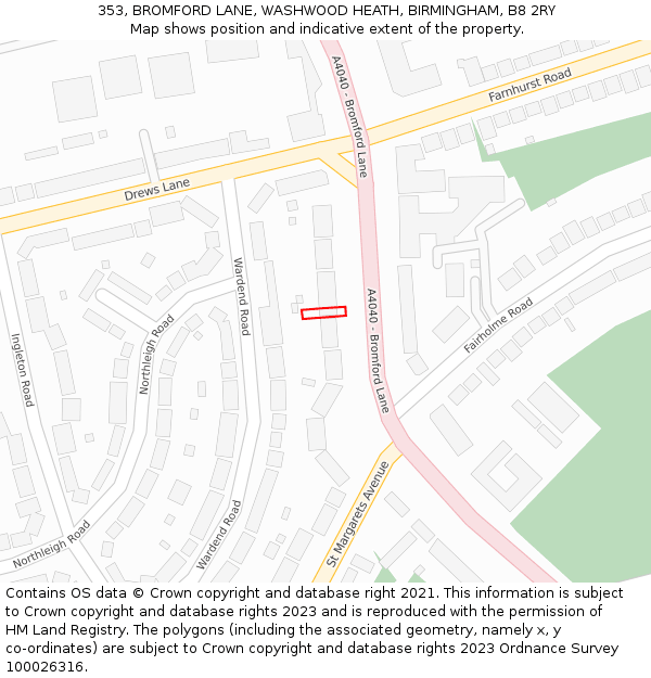 353, BROMFORD LANE, WASHWOOD HEATH, BIRMINGHAM, B8 2RY: Location map and indicative extent of plot