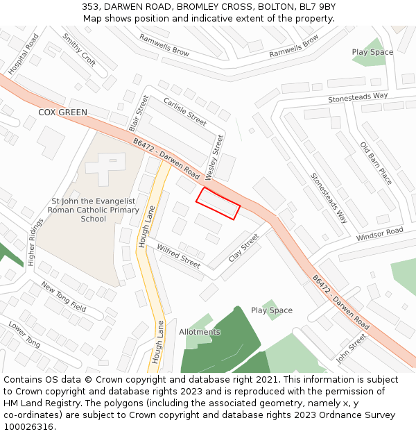 353, DARWEN ROAD, BROMLEY CROSS, BOLTON, BL7 9BY: Location map and indicative extent of plot
