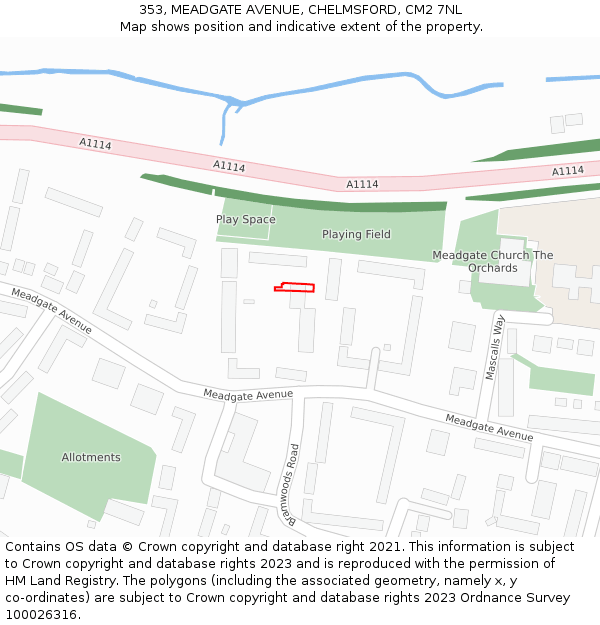 353, MEADGATE AVENUE, CHELMSFORD, CM2 7NL: Location map and indicative extent of plot