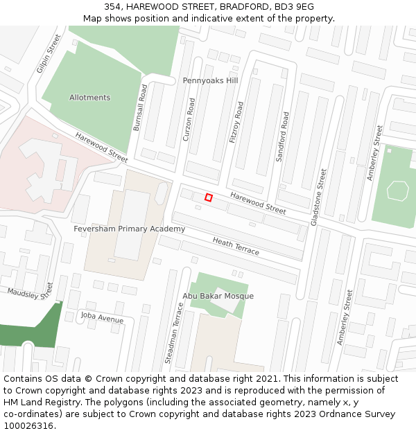 354, HAREWOOD STREET, BRADFORD, BD3 9EG: Location map and indicative extent of plot