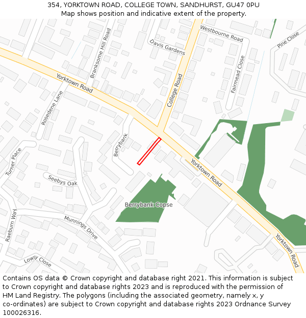 354, YORKTOWN ROAD, COLLEGE TOWN, SANDHURST, GU47 0PU: Location map and indicative extent of plot
