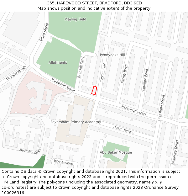 355, HAREWOOD STREET, BRADFORD, BD3 9ED: Location map and indicative extent of plot