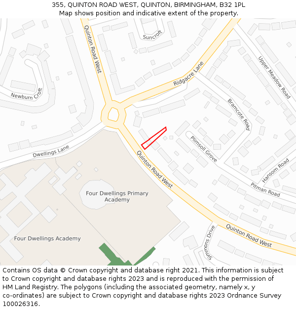 355, QUINTON ROAD WEST, QUINTON, BIRMINGHAM, B32 1PL: Location map and indicative extent of plot