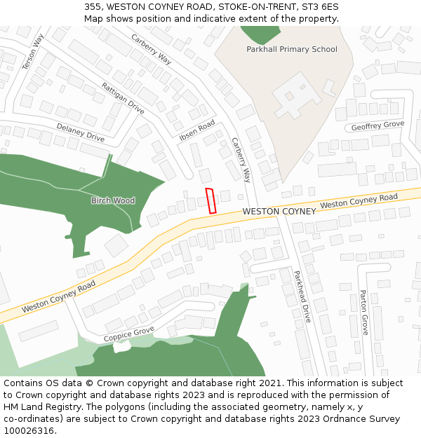 355, WESTON COYNEY ROAD, STOKE-ON-TRENT, ST3 6ES: Location map and indicative extent of plot