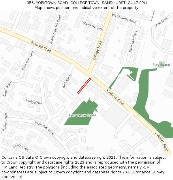 356, YORKTOWN ROAD, COLLEGE TOWN, SANDHURST, GU47 0PU: Location map and indicative extent of plot