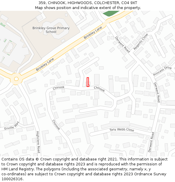 359, CHINOOK, HIGHWOODS, COLCHESTER, CO4 9XT: Location map and indicative extent of plot