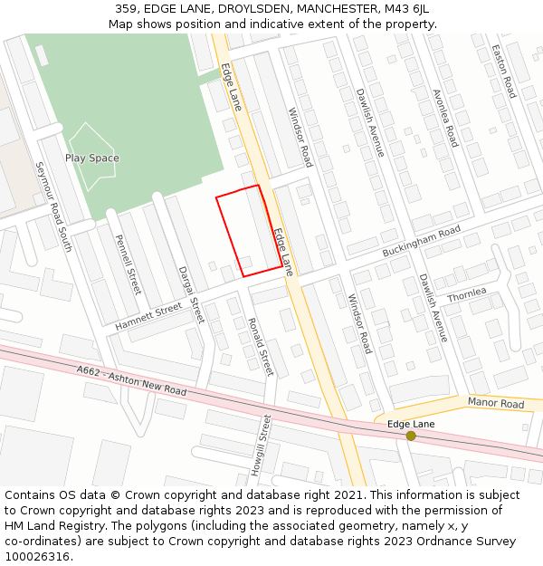 359, EDGE LANE, DROYLSDEN, MANCHESTER, M43 6JL: Location map and indicative extent of plot