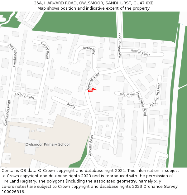 35A, HARVARD ROAD, OWLSMOOR, SANDHURST, GU47 0XB: Location map and indicative extent of plot