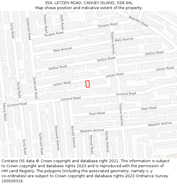 35A, LETZEN ROAD, CANVEY ISLAND, SS8 9AL: Location map and indicative extent of plot