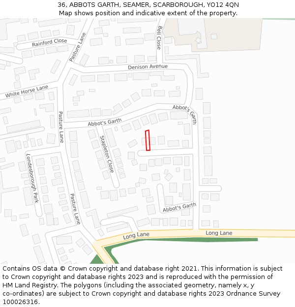 36, ABBOTS GARTH, SEAMER, SCARBOROUGH, YO12 4QN: Location map and indicative extent of plot