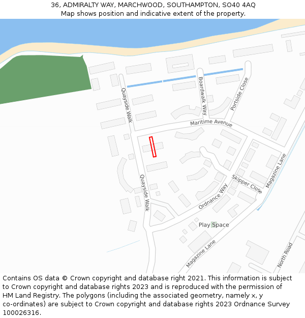 36, ADMIRALTY WAY, MARCHWOOD, SOUTHAMPTON, SO40 4AQ: Location map and indicative extent of plot