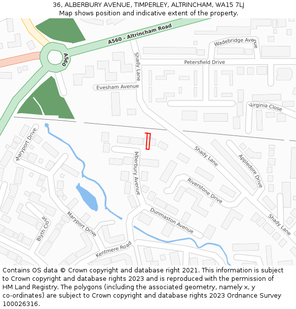 36, ALBERBURY AVENUE, TIMPERLEY, ALTRINCHAM, WA15 7LJ: Location map and indicative extent of plot
