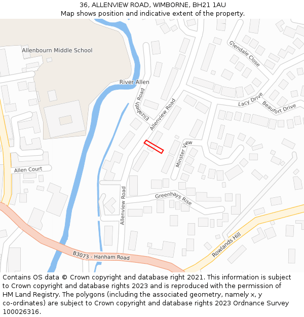 36, ALLENVIEW ROAD, WIMBORNE, BH21 1AU: Location map and indicative extent of plot