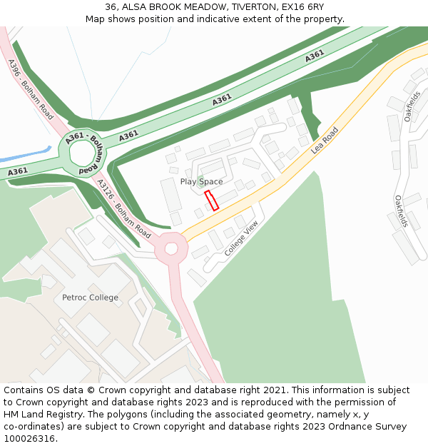 36, ALSA BROOK MEADOW, TIVERTON, EX16 6RY: Location map and indicative extent of plot