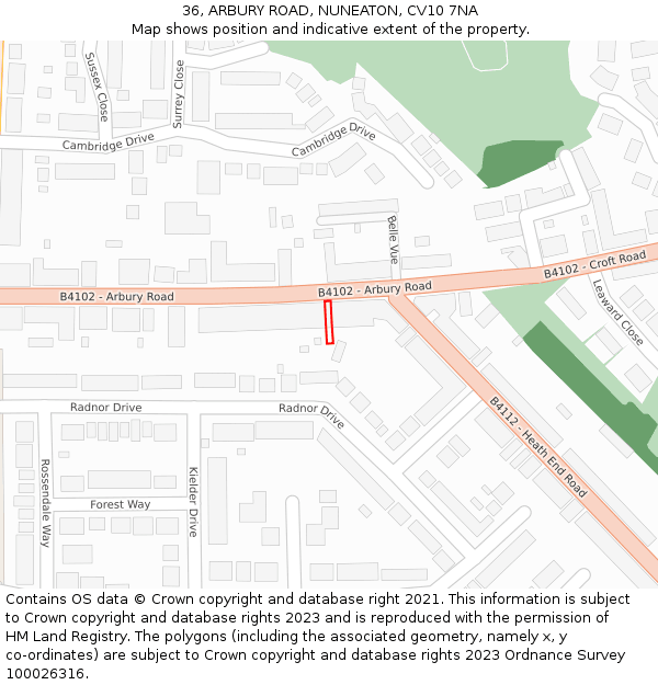36, ARBURY ROAD, NUNEATON, CV10 7NA: Location map and indicative extent of plot