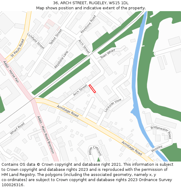 36, ARCH STREET, RUGELEY, WS15 1DL: Location map and indicative extent of plot