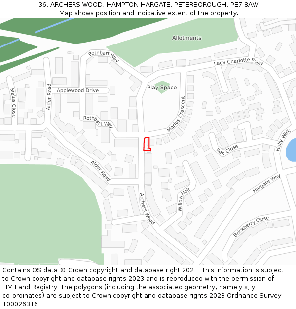 36, ARCHERS WOOD, HAMPTON HARGATE, PETERBOROUGH, PE7 8AW: Location map and indicative extent of plot