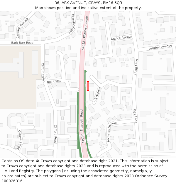 36, ARK AVENUE, GRAYS, RM16 6QR: Location map and indicative extent of plot
