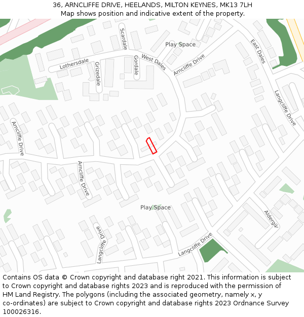 36, ARNCLIFFE DRIVE, HEELANDS, MILTON KEYNES, MK13 7LH: Location map and indicative extent of plot