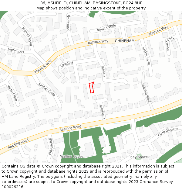 36, ASHFIELD, CHINEHAM, BASINGSTOKE, RG24 8UF: Location map and indicative extent of plot